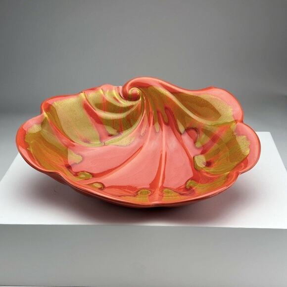 Mid century modern‎ Ceramic Glazed Unique Orange Bowl Scallop Like A Shell Look - Picture 1 of 6
